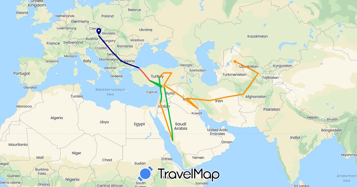 TravelMap itinerary: driving, bus, hiking, hitchhiking in Afghanistan, Austria, Bulgaria, Iraq, Iran, Jordan, Serbia, Saudi Arabia, Syria, Turkey, Uzbekistan (Asia, Europe)